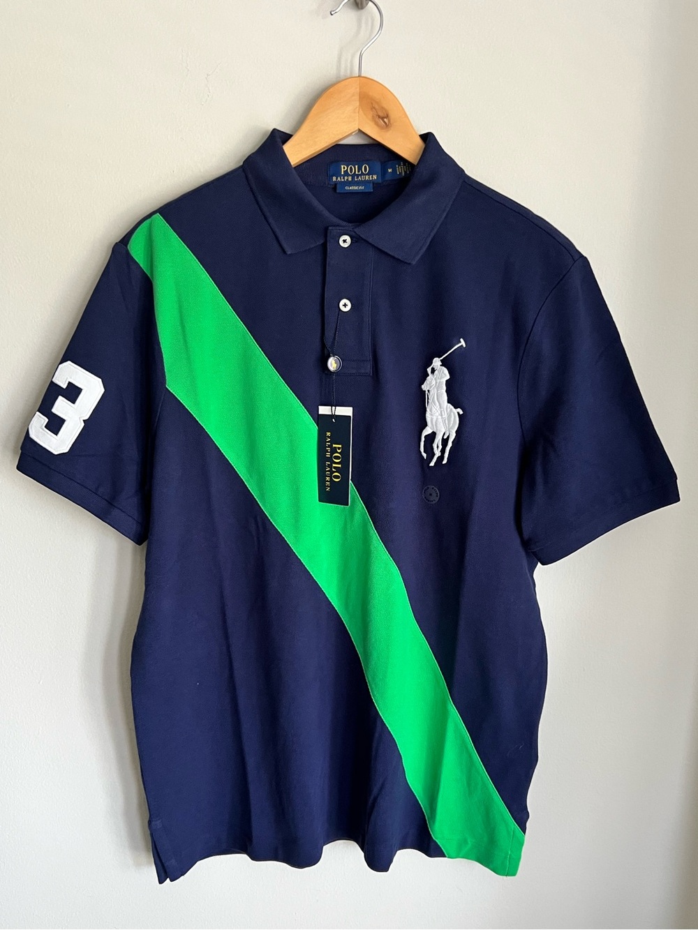 Polo by Ralph Lauren Navy Polo with Green Diagonal Stripe & White Logo Size M
